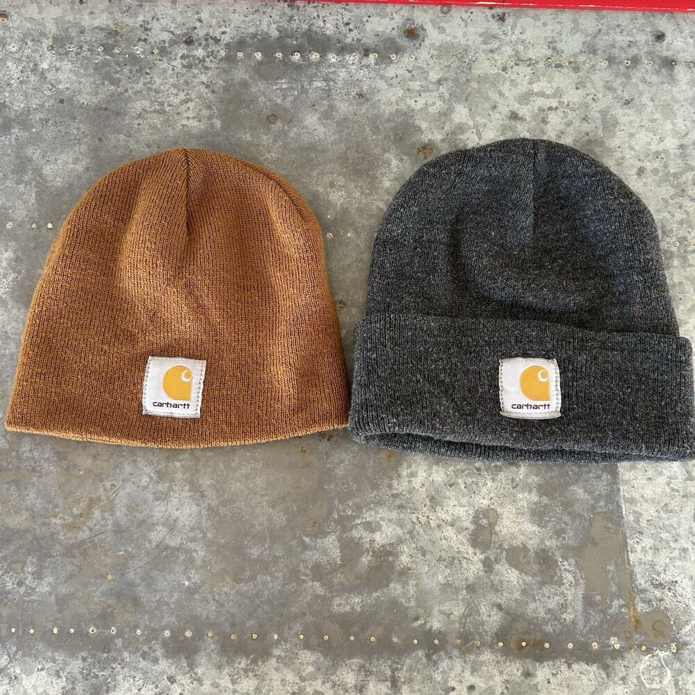 Lot Of 2 Carhartt Mens Grey Khaki Brown Knit Cuffed Beanie Hat One Size
